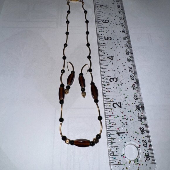 15 1/2" Beaded Gold, Black and Bronze Necklace and Earring Set - Picture 3 of 13